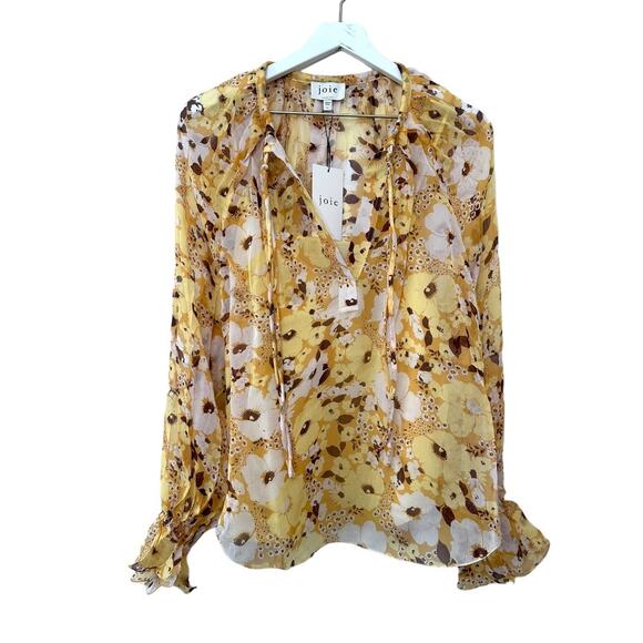 NWT Joie Brigitta Amber Gold Floral Blouson-Sleeve Blouse Size Large - Picture 1 of 11